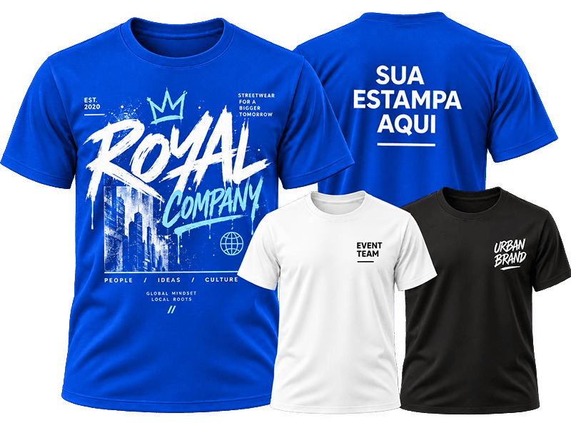 Camisetas azuis, branca e preta com diferentes personalizações