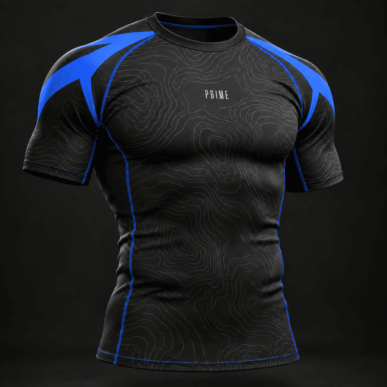 Conceito ilustrativo de rashguard personalizada Prime azul e preta